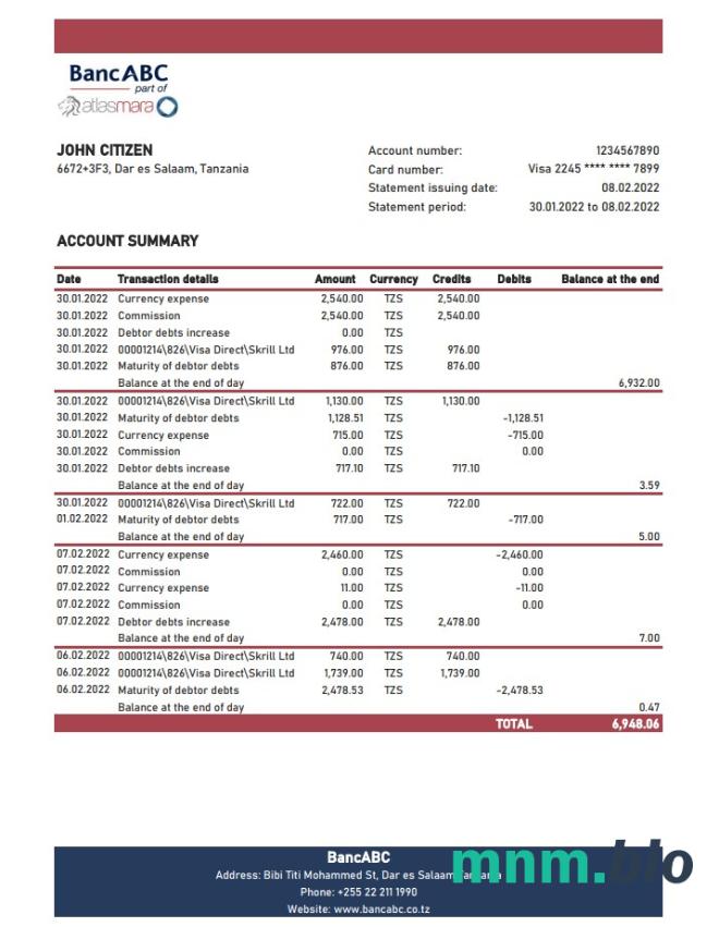 Wyciąg bankowy Tanzania BancABC, szablon Excel i PDF